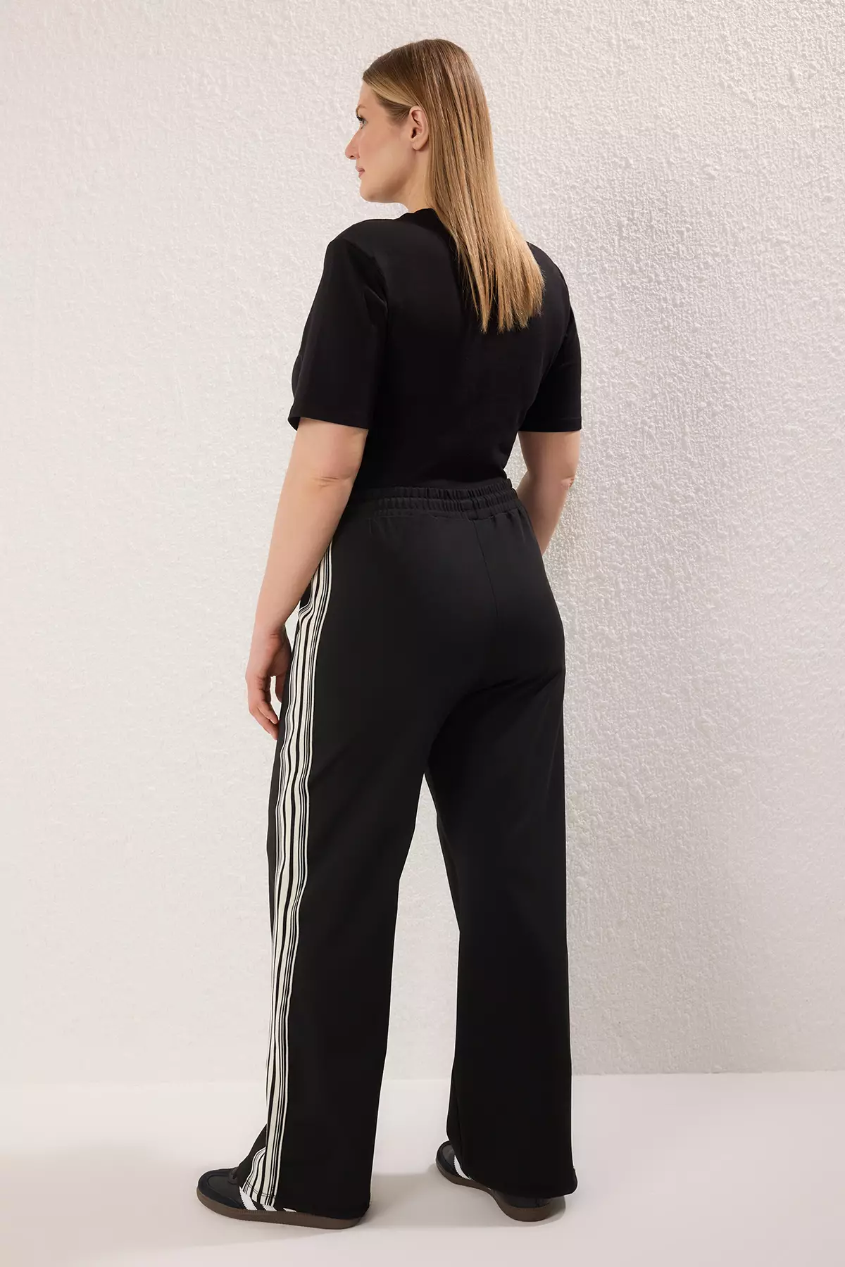 Black High Waist Striped Diving/Scuba Fabric Sports Knitted Sweatpants