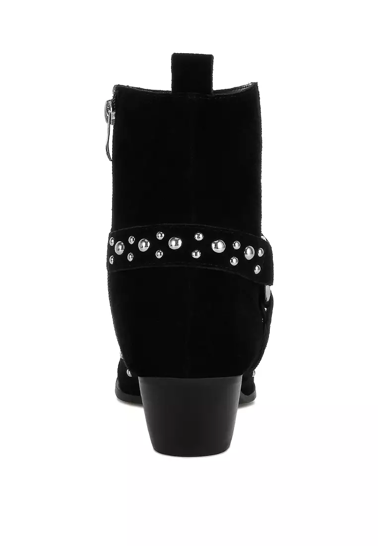 Studded Suede Ankle Boots in Black