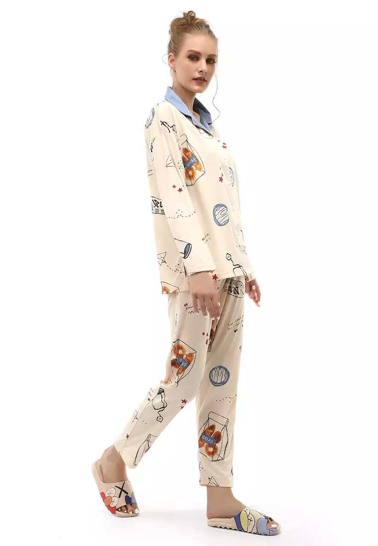 Vance Setelan Piyama Baju Tidur Wanita Lengan Panjang Motif Bear Kra Material Cotton ORIGINAL - Blue