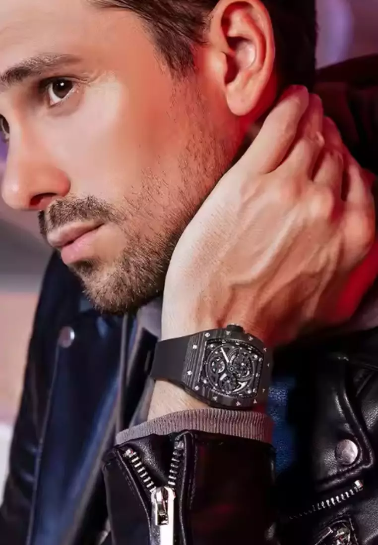 Automatic Unisex Carbon Fiber Watch, Rubber Strap