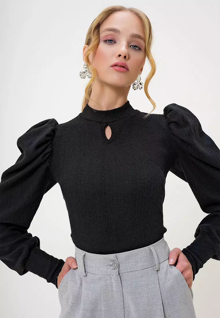 Women's Black Crew Neck Drop Neck Princess Sleeve Knitwear Blouse Alc-X13069