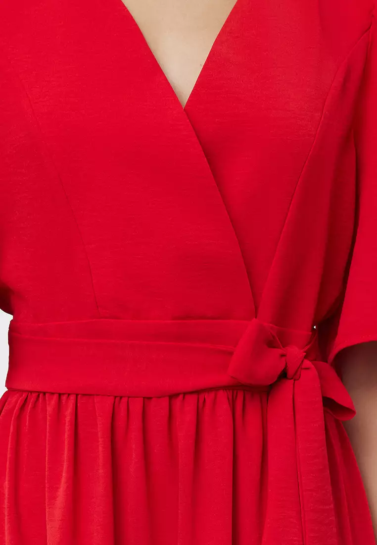 Red Belted Woven Double Breasted Collar Back Detailed Midi Woven Dress