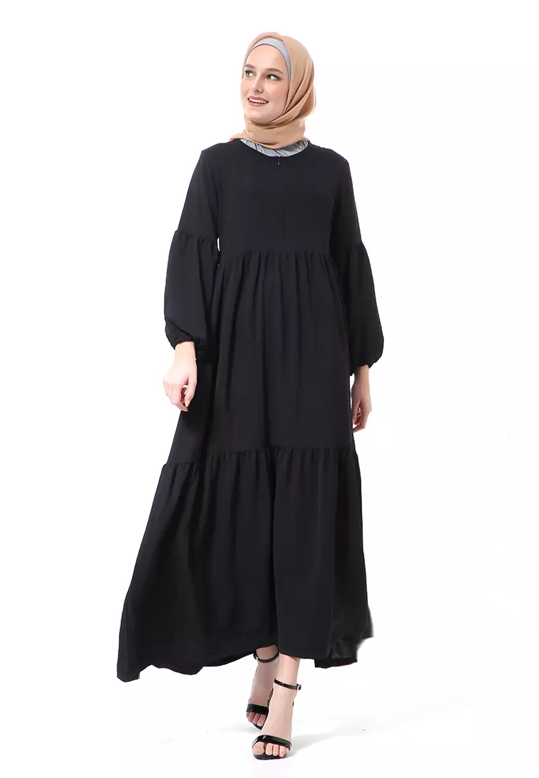 Tika Dress Wanita Gamis Muslimah Rubber Hands High Quality Premium - Black