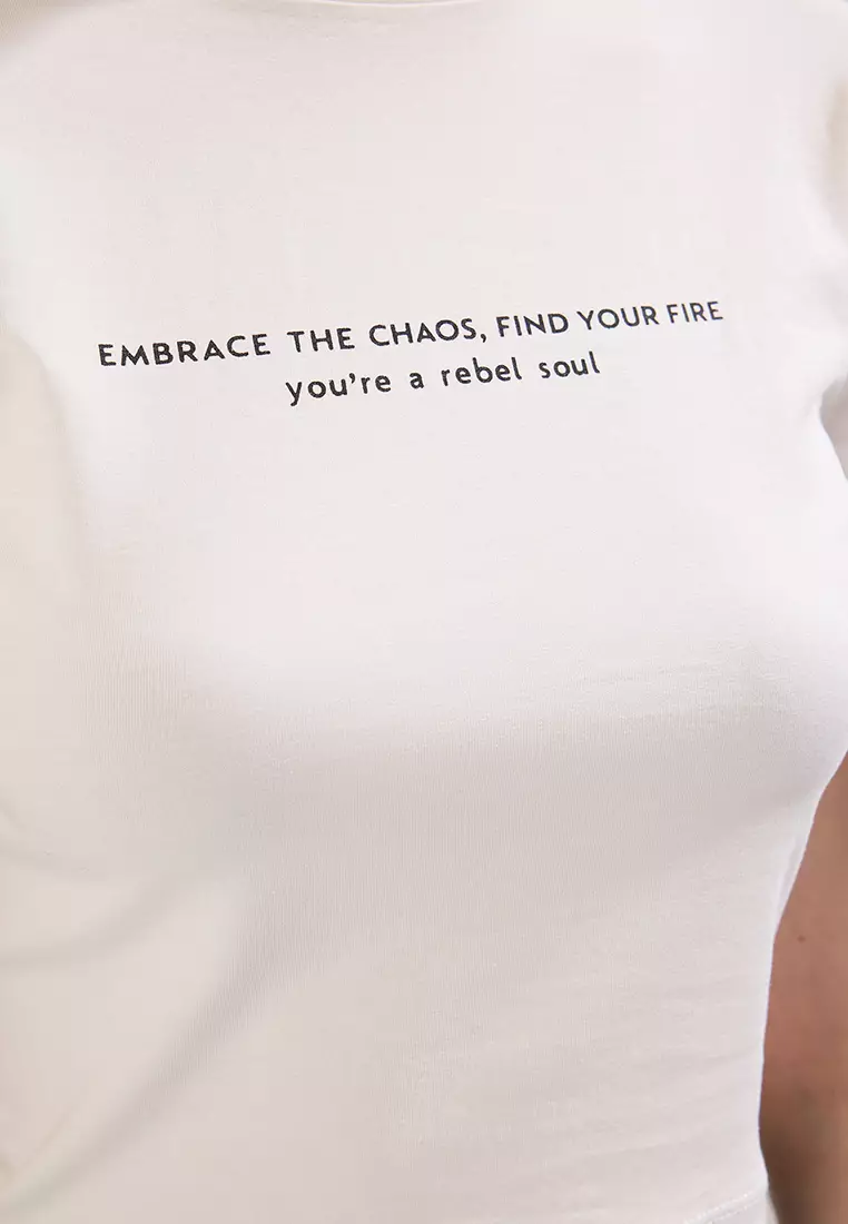 Ecru Slogan Printed Crop Fitted Knitted T-Shirt