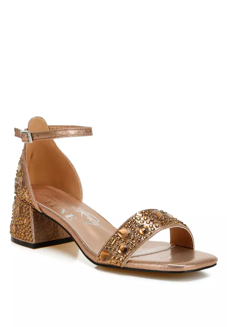 Rhinestone Embellished Shimmer Sandals in Bronze