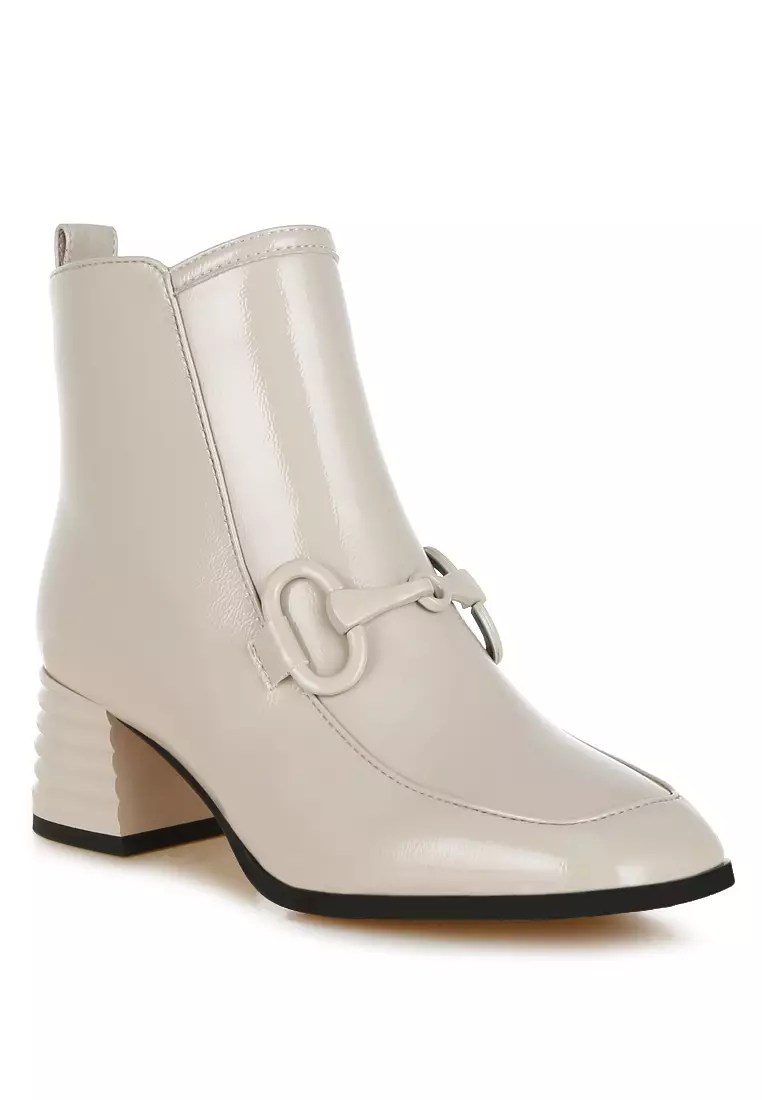 Beige Textured Block Heel Ankle Boots
