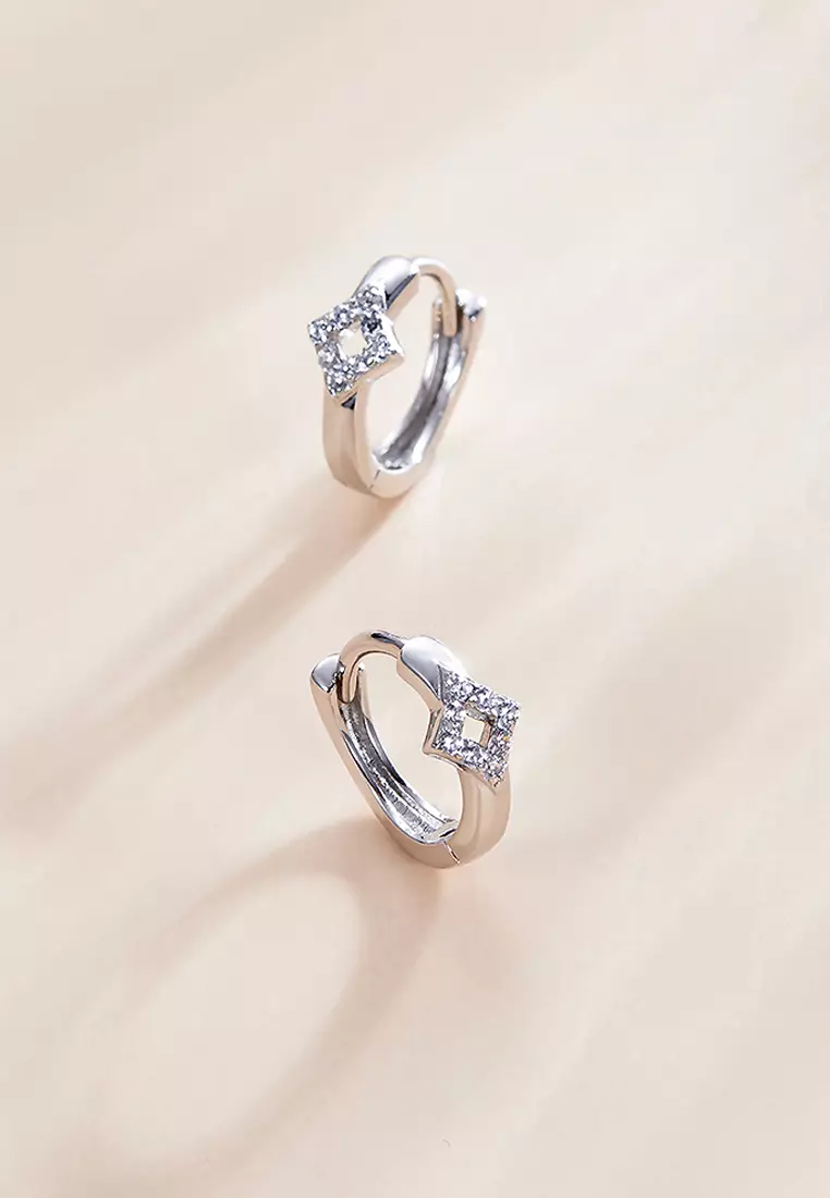 Solid 925 Sterling Silver Cubic Zirconia Diamond Shaped Hoop Earrings
