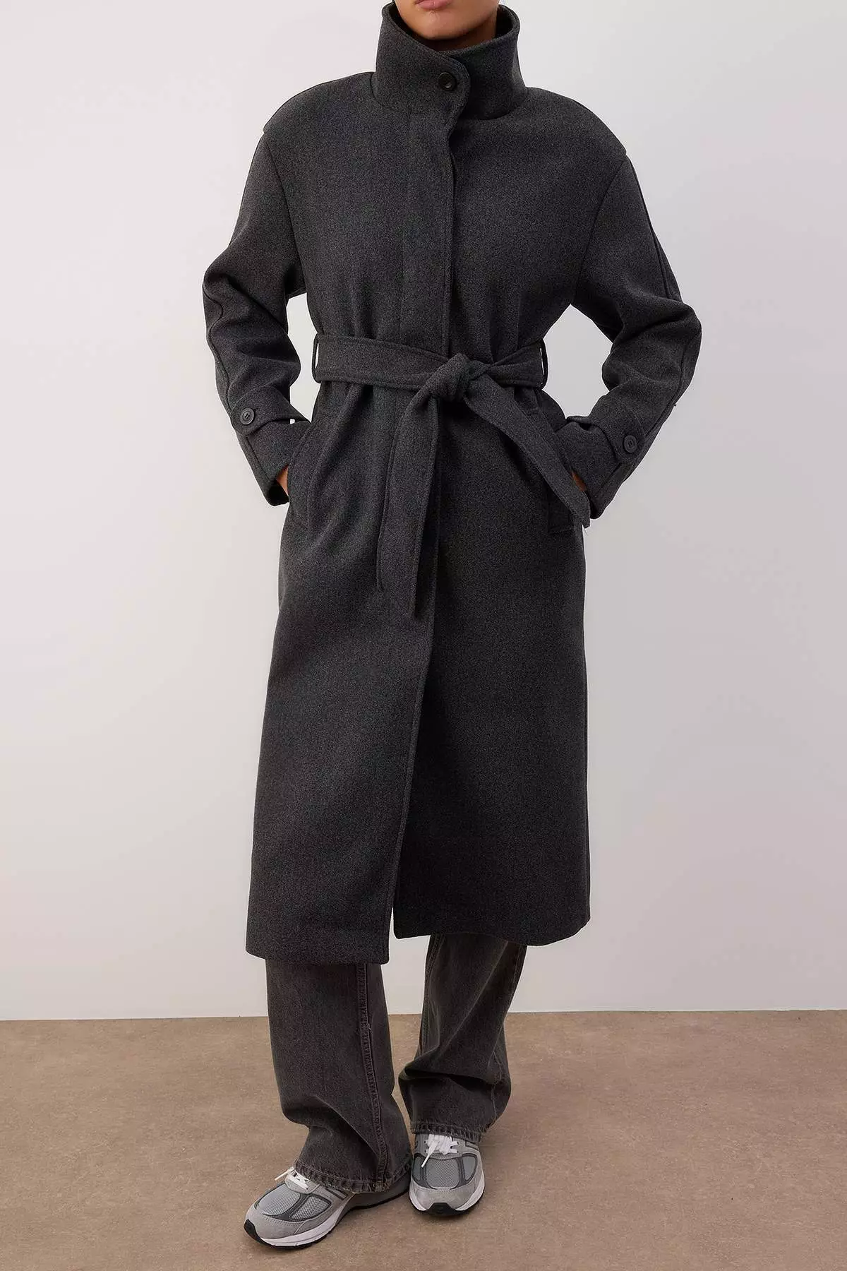 Anthracite Stand Collar Mono Closure Oversize Long Cashmere Coat Twoaw26Kb67