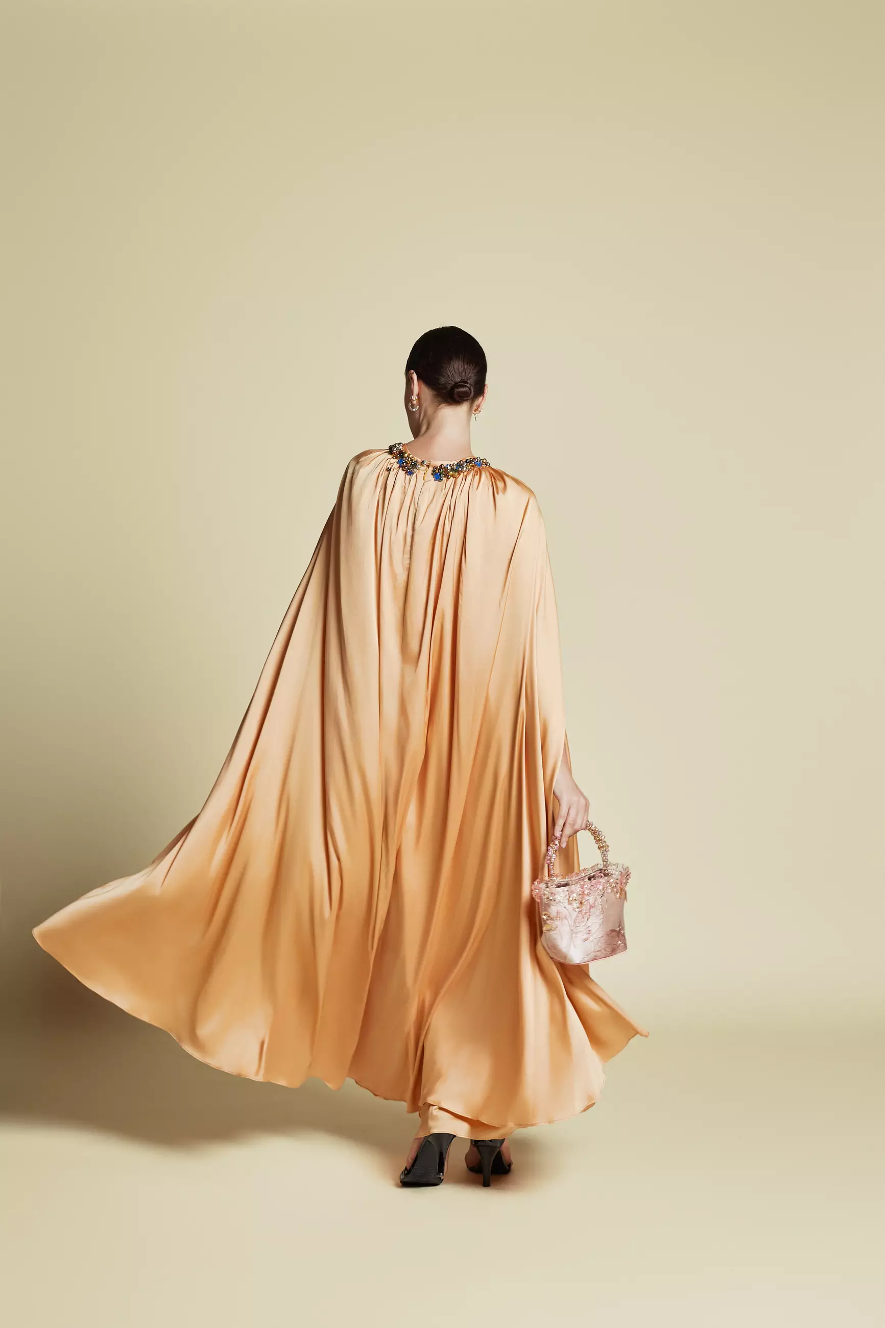 Demure Signature - Crystal Embellished Cape Kaftan in Italian silk Twill Light Peach - Dress