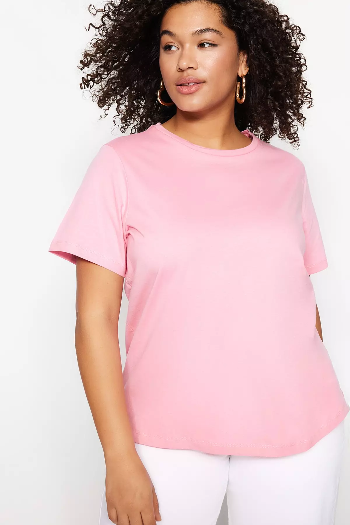Buy Trendyol Plus Size Pink Crew Neck Basic Knitted T-Shirt 2023 Online |  ZALORA Singapore