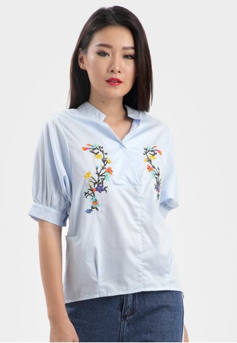 Flower Embroidered Blouse in Light Blue
