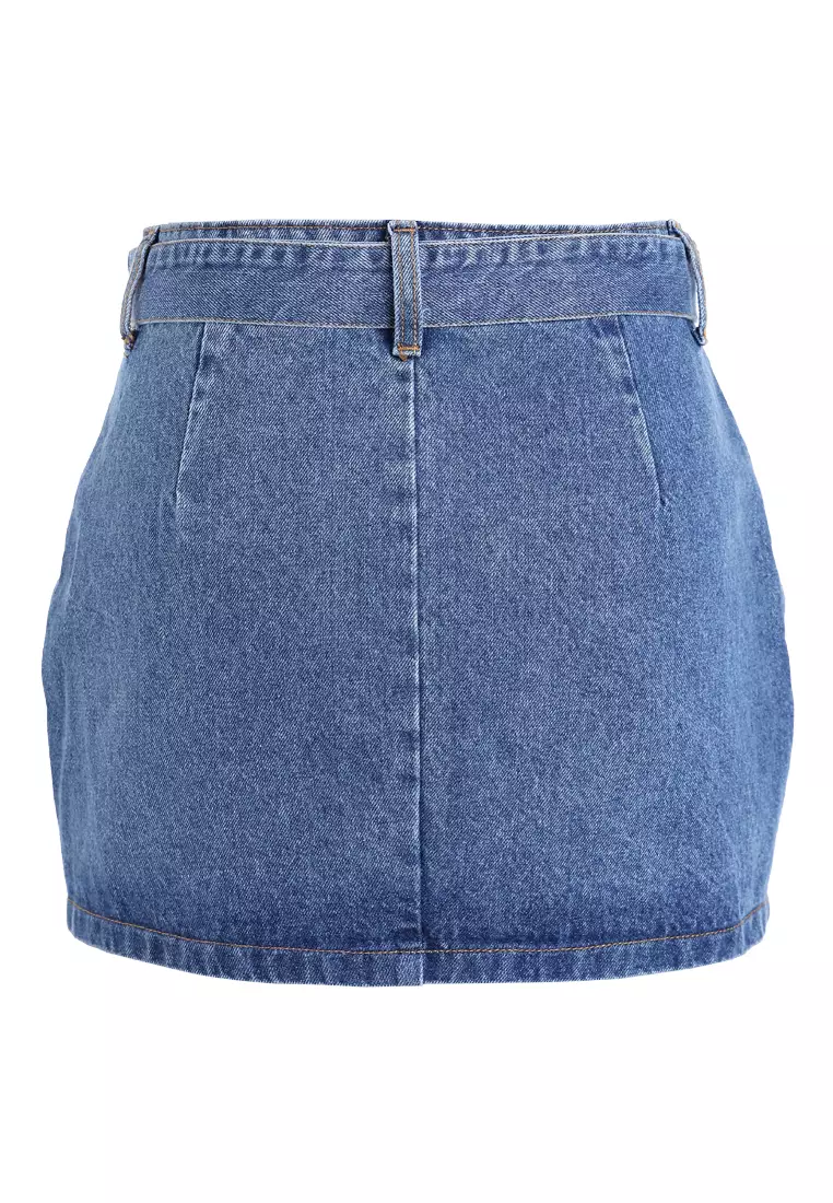 Sculpted Buckle Mini Skirt in Mid Blue