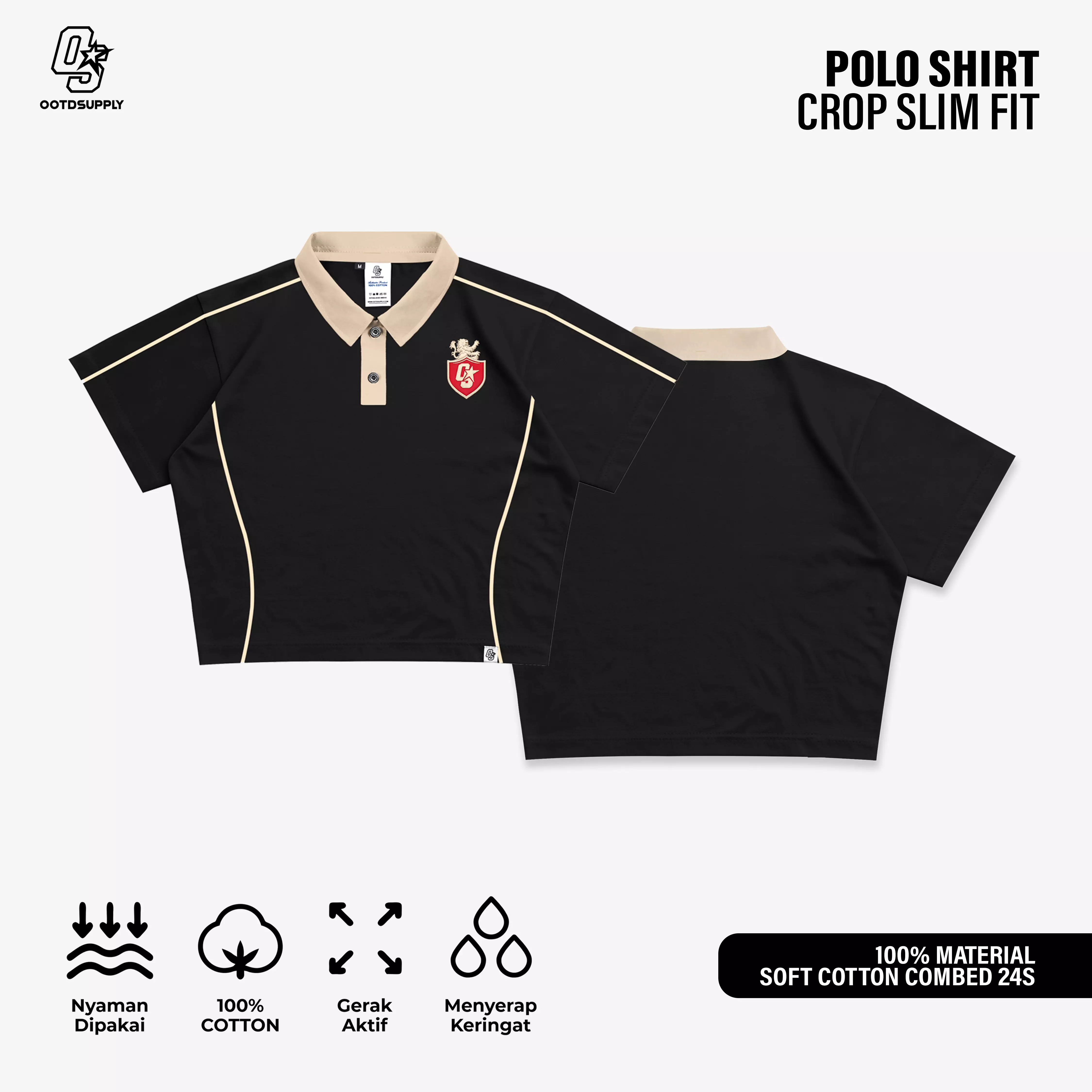 OOTDSUPPLY Polo Croptop SlimFit Curveline Insignia Embroidery Black Cream l Polo Crop Fit Royal Series  | Crop Fit Double List Premium | OS-CT-PS-CVL-BLC-ISE