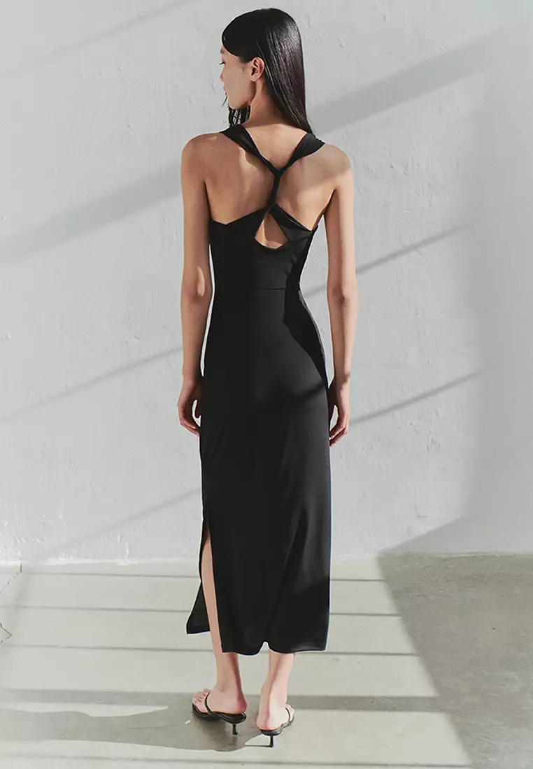 Cowl Neck Twist Slit Midi Dress