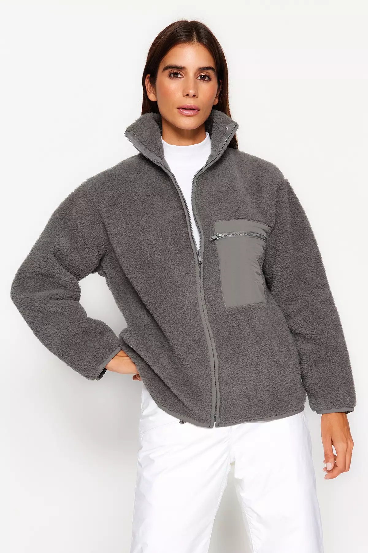 Winter Essentials Anthracite Thick Fleece Zippered Stand Collar Pocket Knitted Sweatshirt Twoaw24Sw71