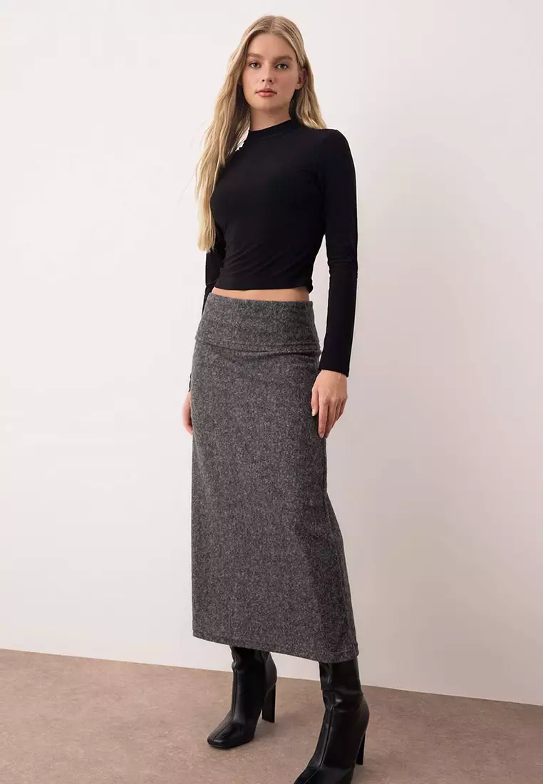 Anthracite Melange A-Line/Flare Cut Waist Folded Knitted Skirt
