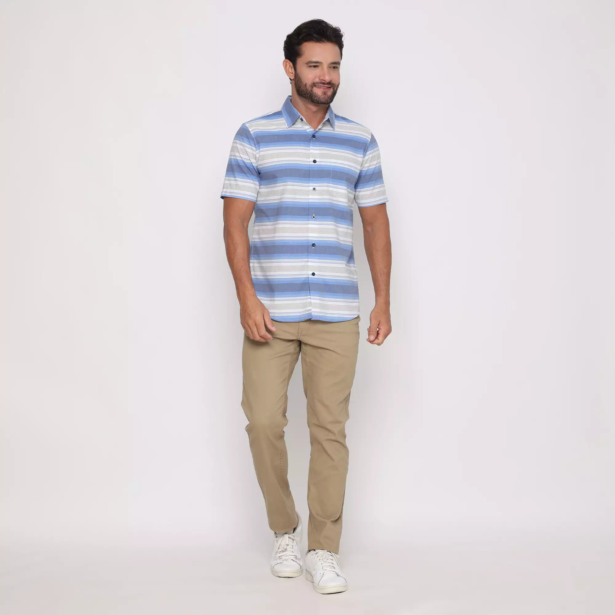 Platini Kemeja Motif Salur Pria Lengan Pendek Katun Biru 73475