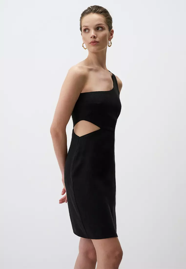 Jimmy Key Black One Shoulder Window Detail Mini Linen Dress