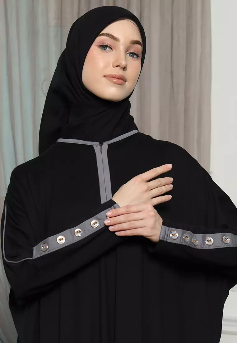 JV Hasanah Abaya Rayon Dress Shireen Black Grey | Gamis Abaya Oversize Busui Lengan Batwing Polos