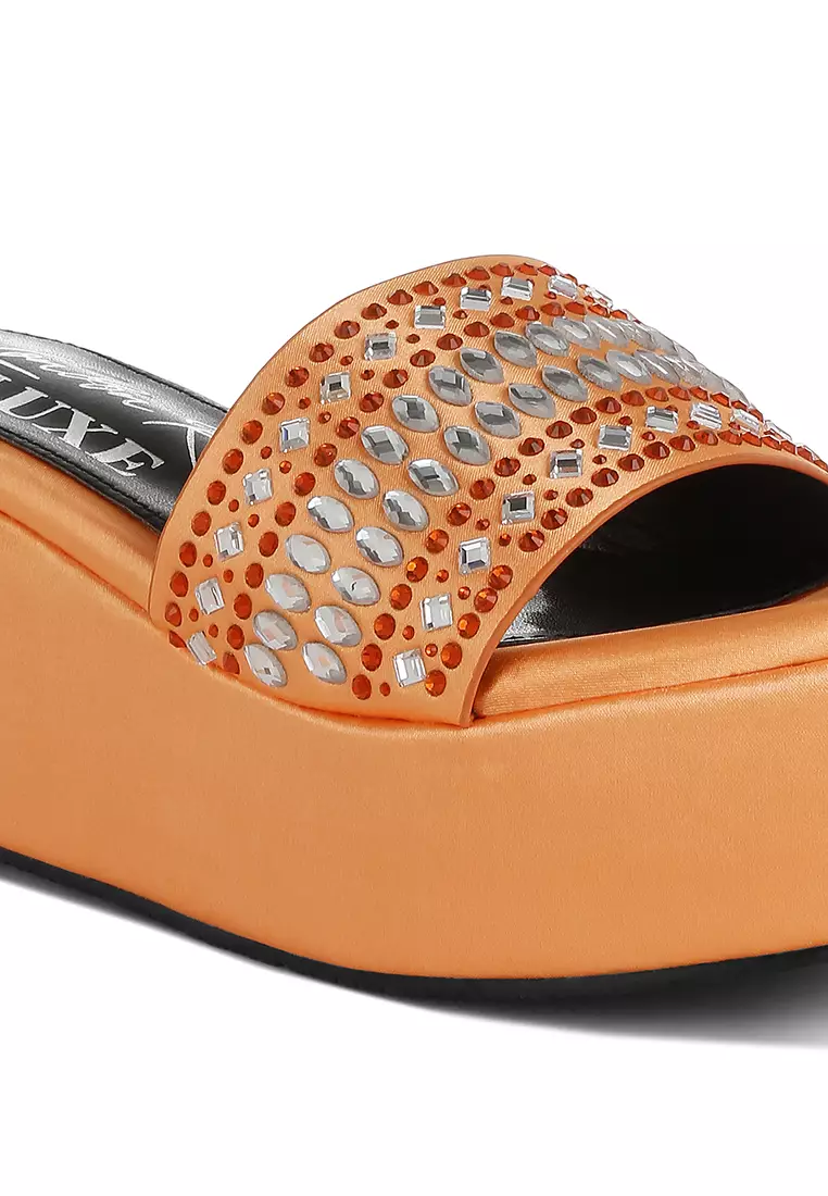 Diamante & Rhinestone Detail Stylish Flatforms in Orange