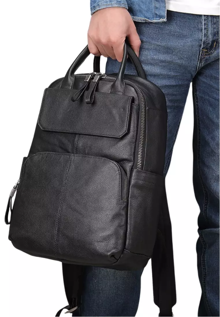 Men's Retro Plain Cow Leather Business Backpack