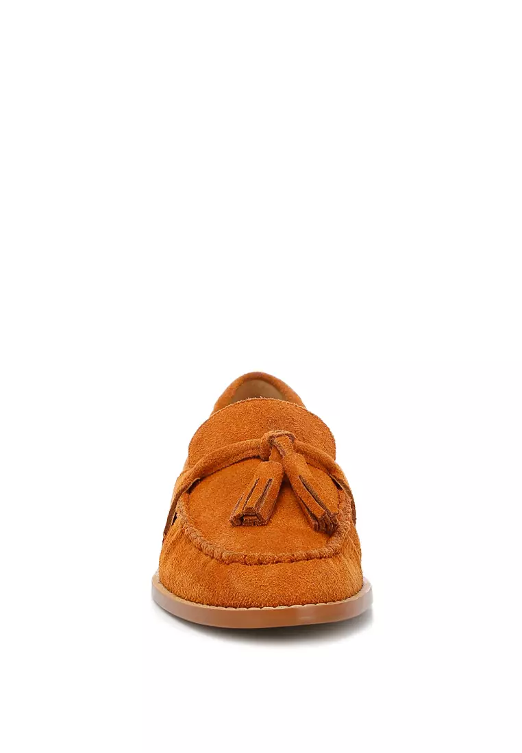 Tan Tassels Detail Suede Loafers