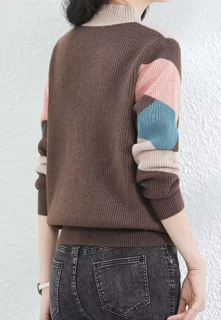 High neck color outlet block patchwork sweaters