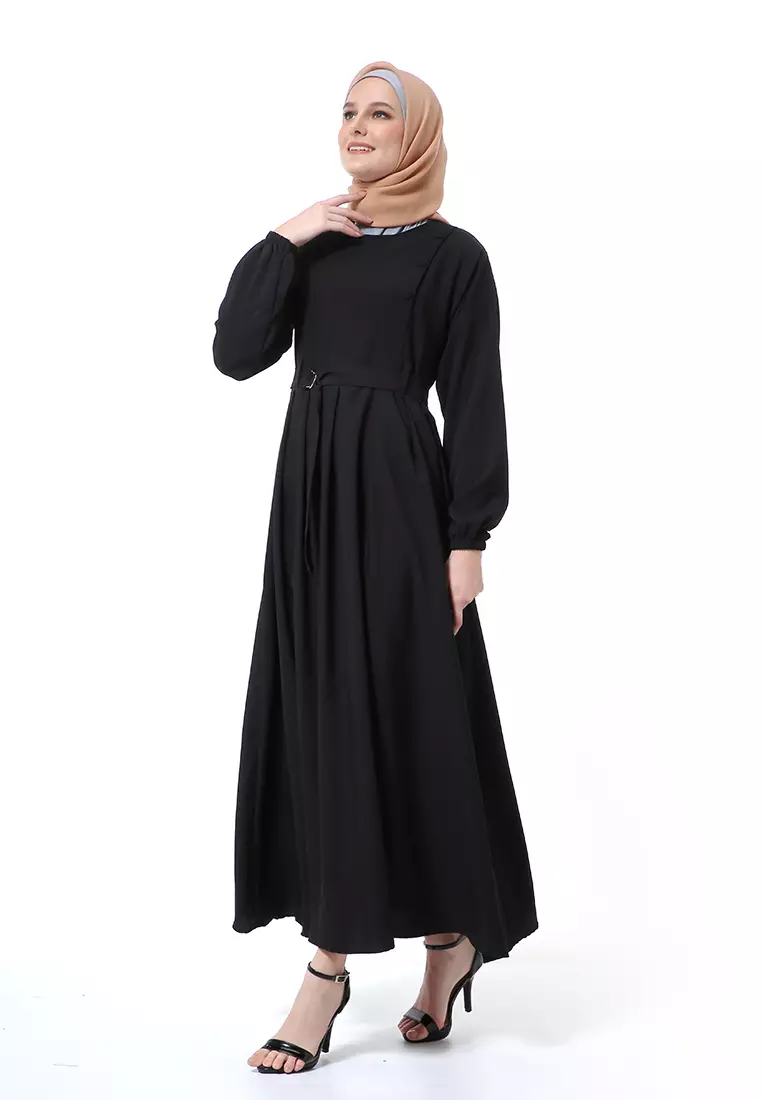 Nelly Gamis Dress Muslimah Wanita Long Sleeve Premium High Quality - Hitam