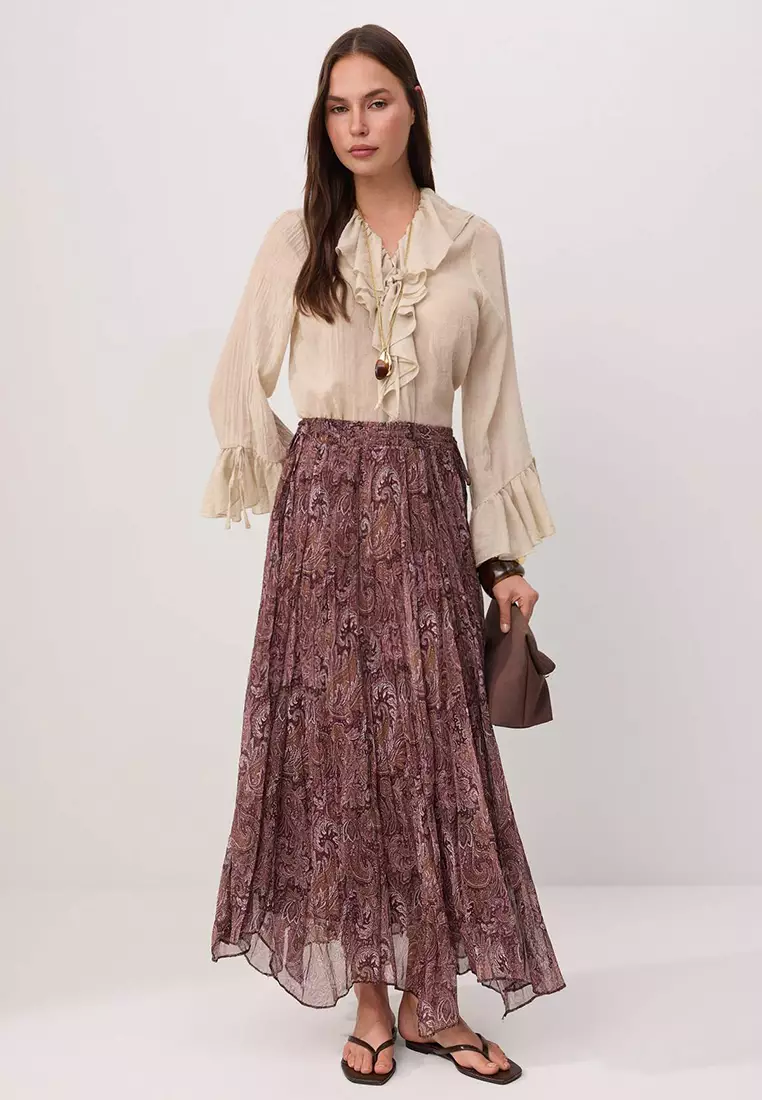 Brown Chiffon Pleated Lined Ethnic Patterned Maxi Skirt Tctss26Ee00007