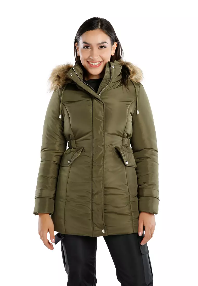 Khaki Long Puffer Jacket Hoodie