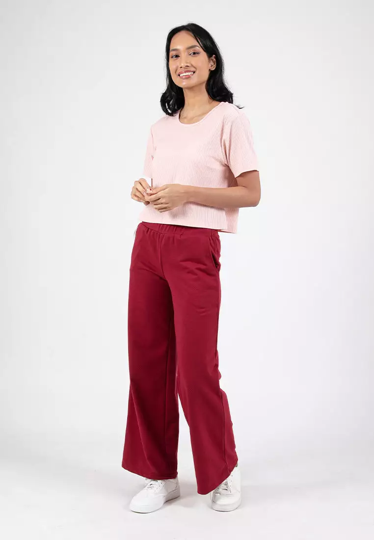 Forest Ladies Cotton Terry Wide Leg Pants Women Casual Long Pants - 810544-56Maroon
