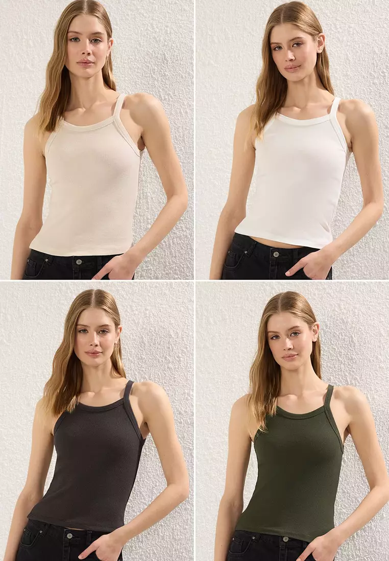 Anthracite-Ecru-Beige-Khaki 4-Pack Crop Stretch Knit Tank Top TWOSS25AL00056