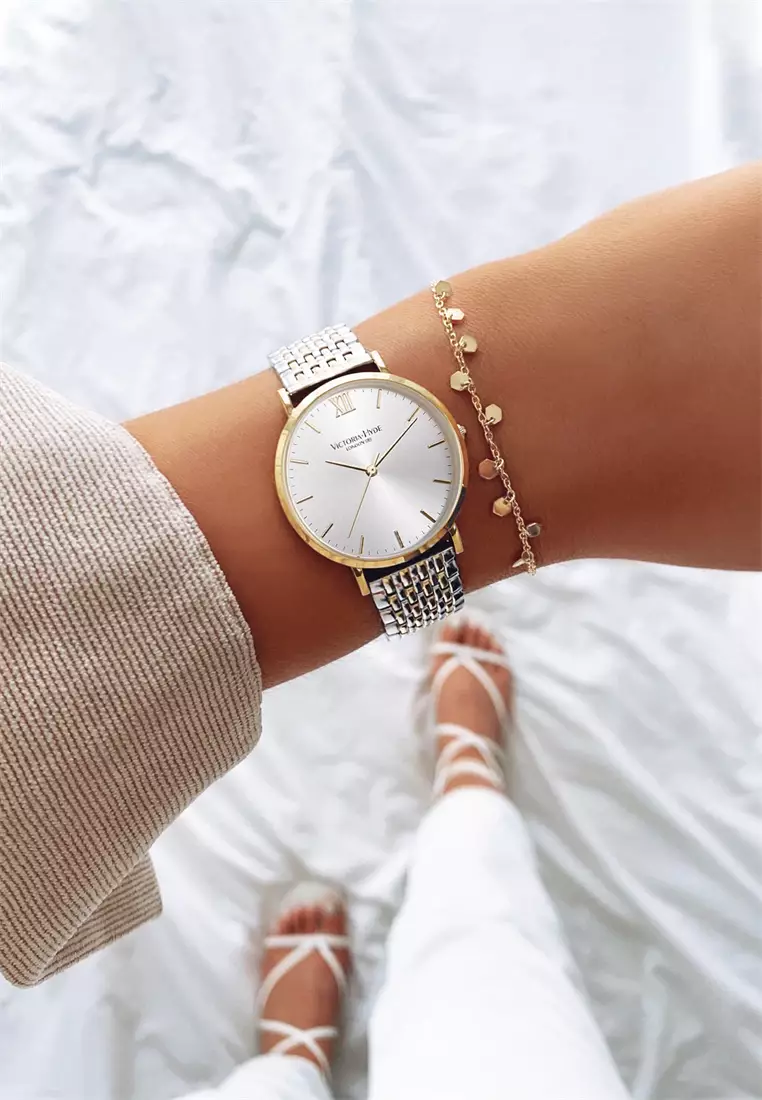 女士手表 經典雙色金銀不鏽鋼表鏈 金色 33mm圓形外殼-金色