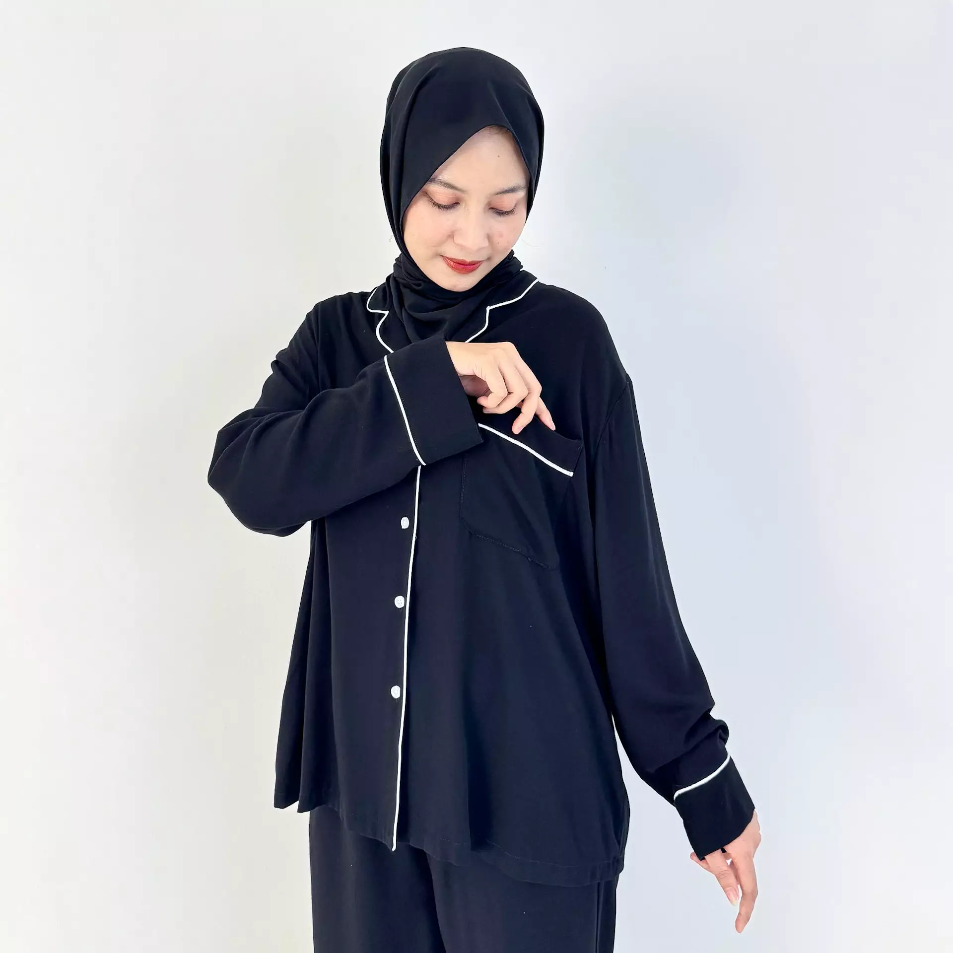 Pyjama Cotton Basic [HITAM] SIZE M-XXL Baju Tidur Long Sleeve Long Pants Sleepwear