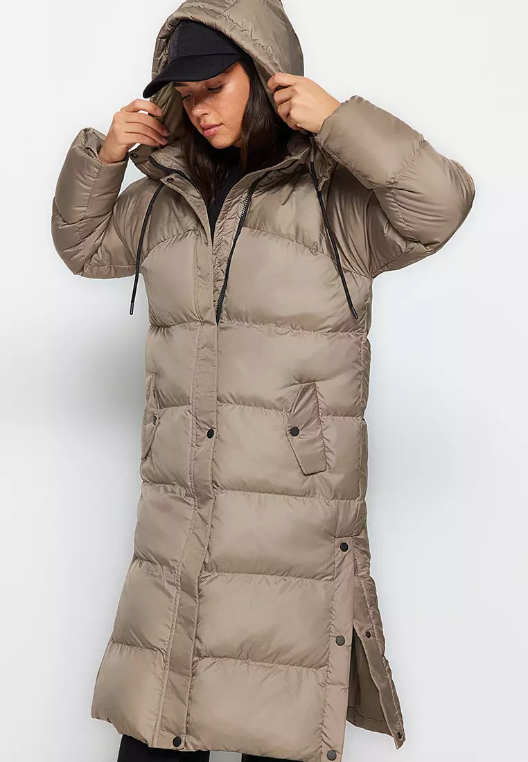 Mink Regular Hooded Water Repellent Long Puffer Coat with Side Snap Detail TWOAW24MO00104