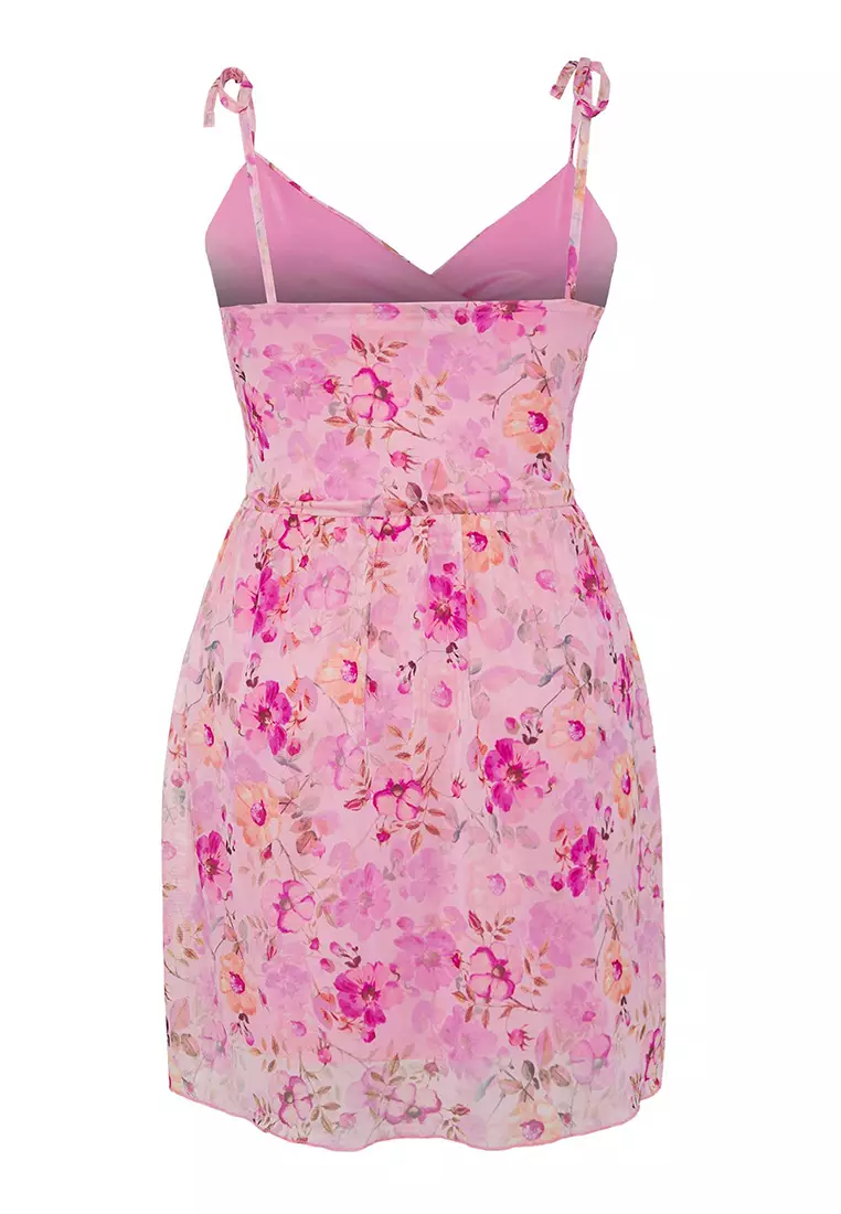 Pink Double Breasted Floral Patterned Tulle Skater Mini Knitted Plus Size Dress TBBSS25AH00193