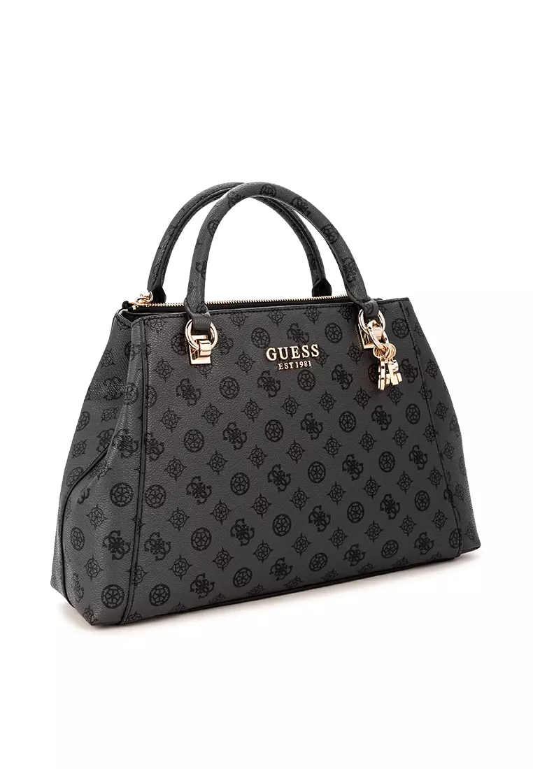 GUESS Evelune Damen-Schultertasche – Aus Kunstleder, Mit Reißverschluss, Pfingstrosen-Print, Anthrazit