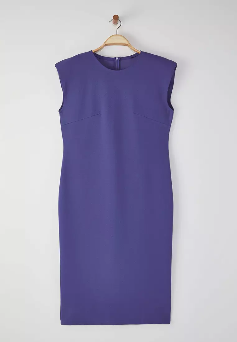 Blue Crew Neck Crepe Knit Plus Size Dress Tbbss25Ah00010