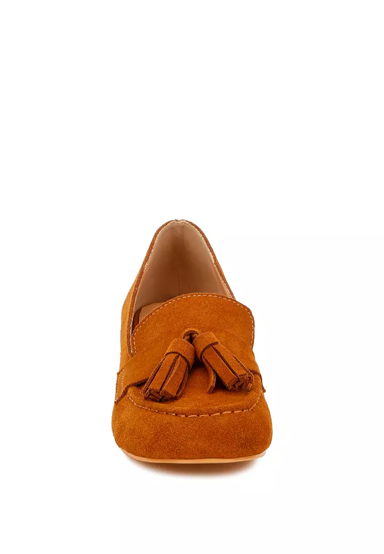 Tassels Detail Suede Loafers in Tan