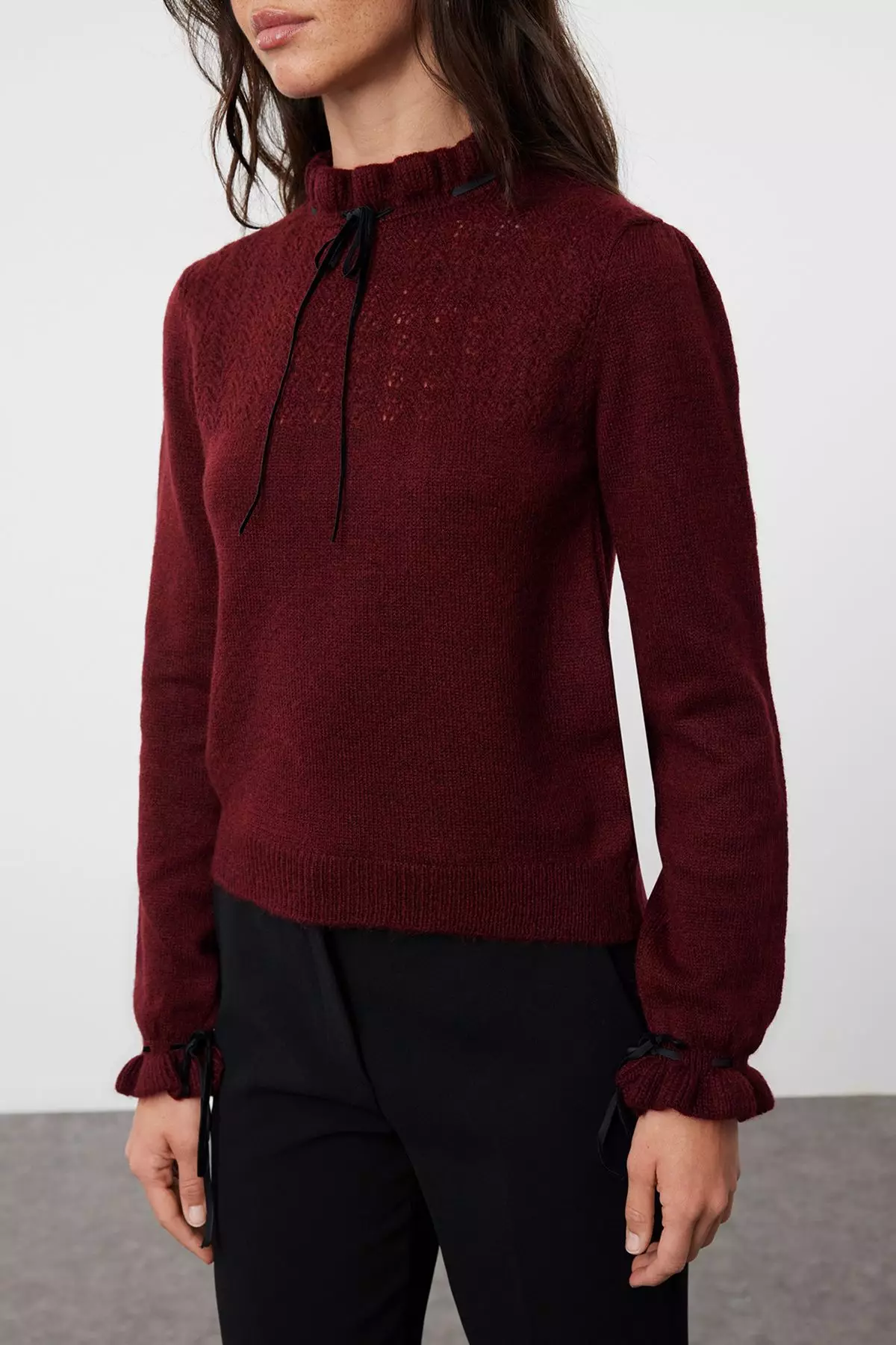 Claret Red Soft Texture Openwork/Hole Ribbon/Bow Detailed Knitwear Sweater TWOAW21KZ2355