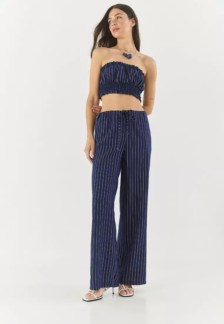 Women's Striped Gipe Detailed Crop Top Waist Drawstring Wide Leg Pants Bottom-Top Suit 60283262