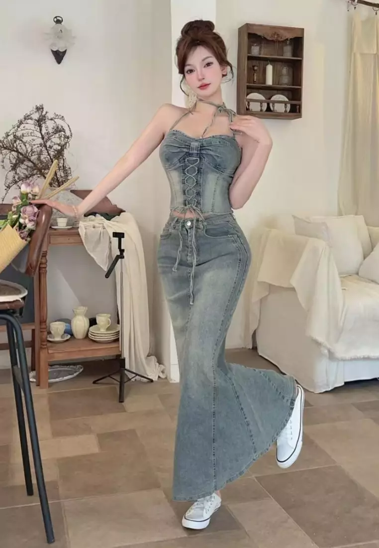Denim overalls top and fitted skirt sexy set CA26033031BL