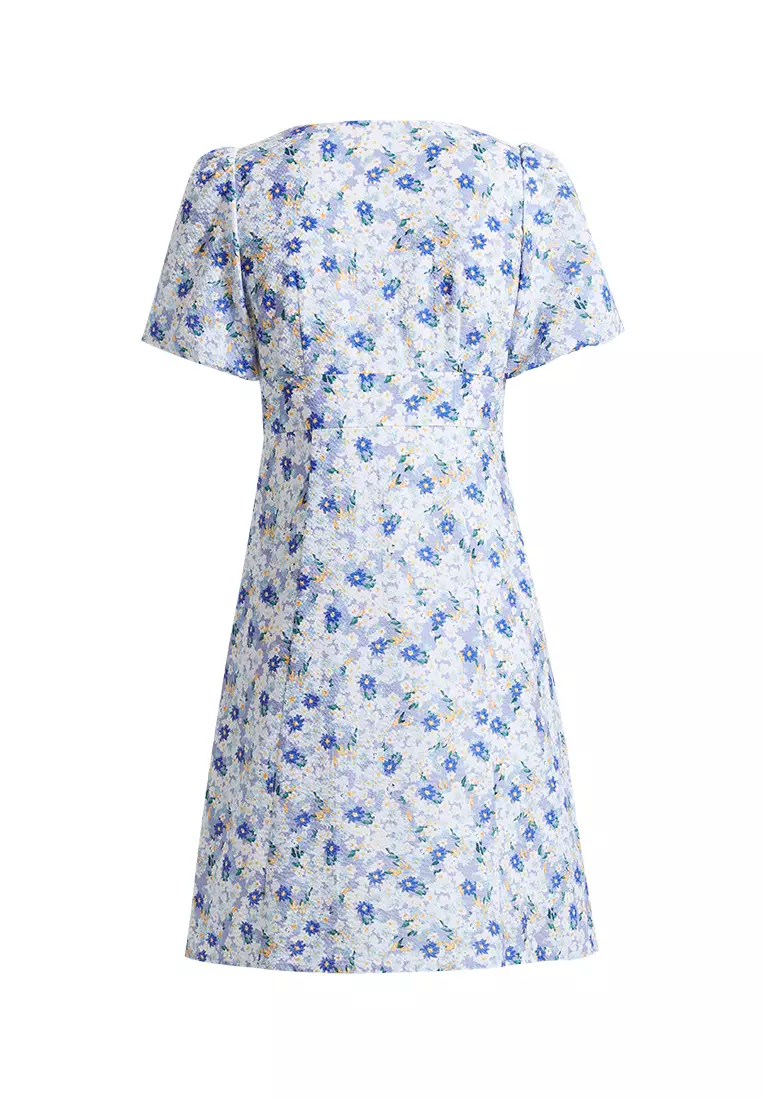 V-Neck Textured Floral Mini Dress