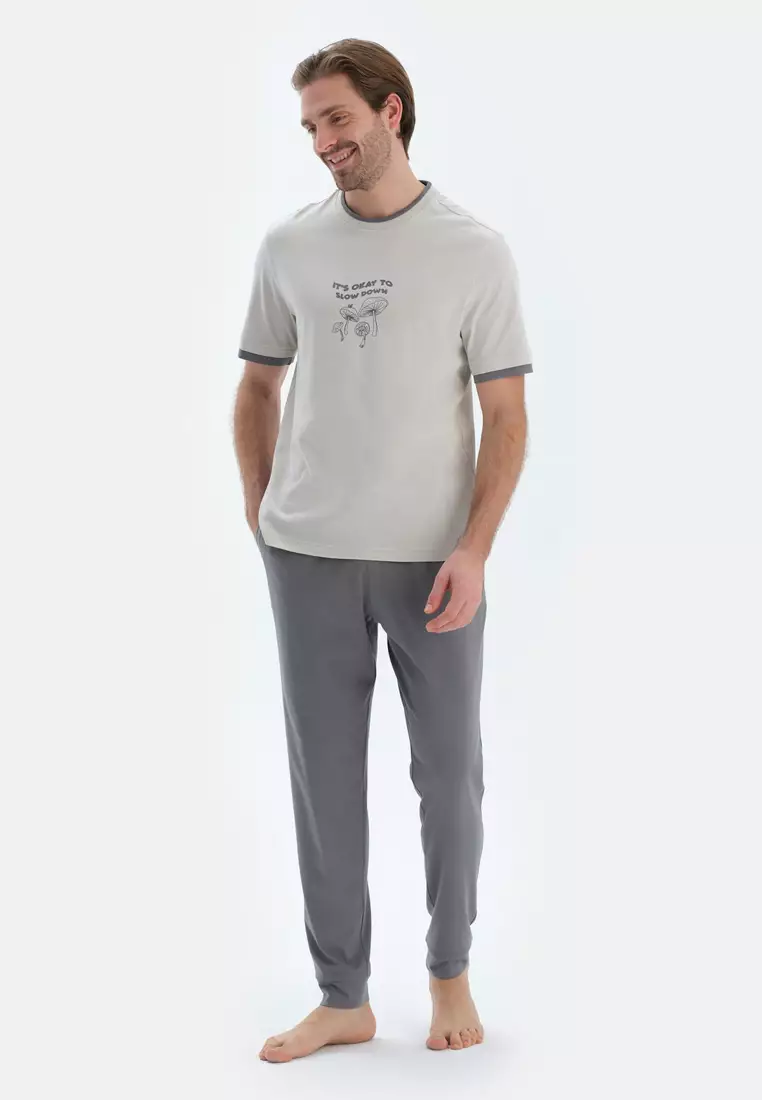 Light Grey T-Shirt & Trousers, Slogan, Crew Neck, Regular, Long Leg, Short Sleeve Sleepwear for Men