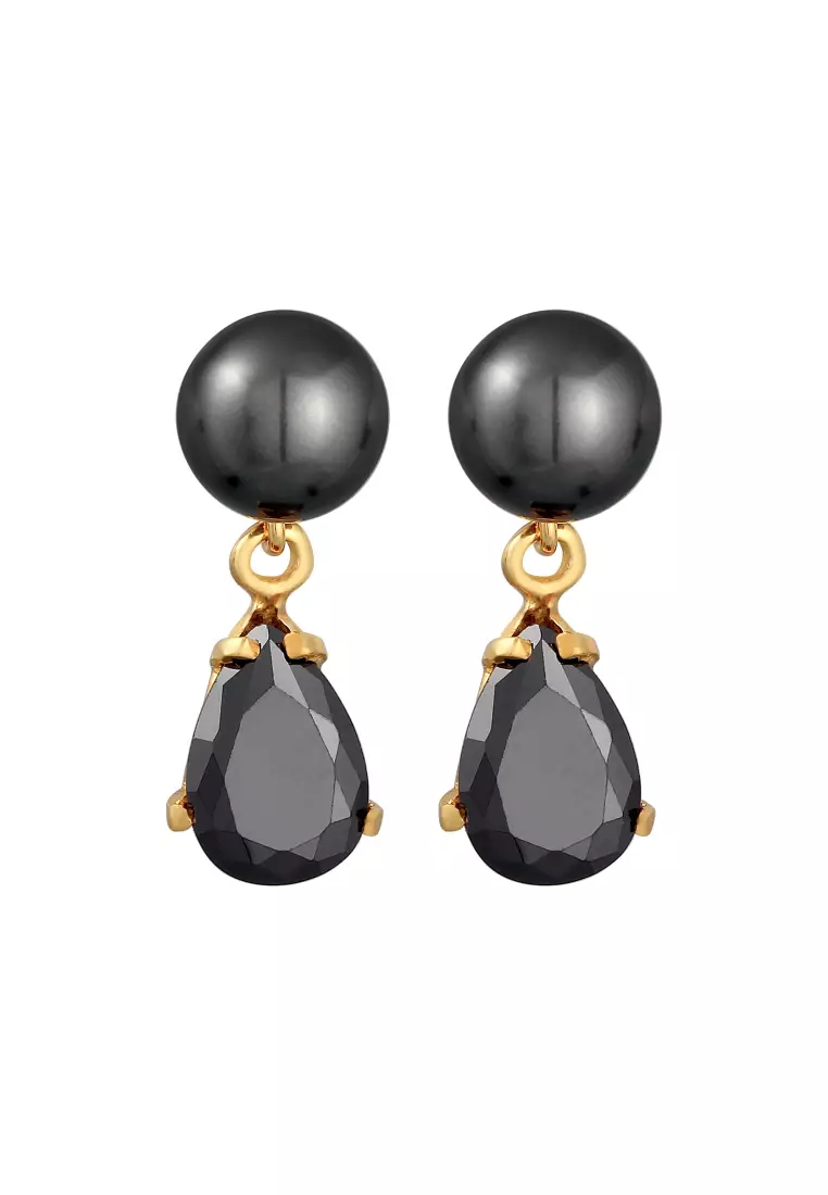 Anting Perhiasan Perak 925 Wanita Ear Studs Drop Synth. Pearl And Zirconia Gold Plated Embellished with Crystal by Swarovski®