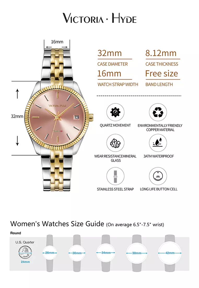 Women's Watch 32mm Pink Round Dial Stainless Steel Strap Calendar Function Rose Mary-Pink