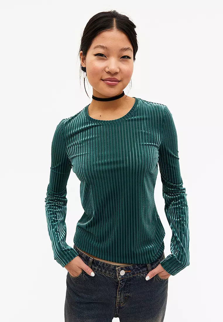 Monki ribbed crew neck top with long sleeve in dark green