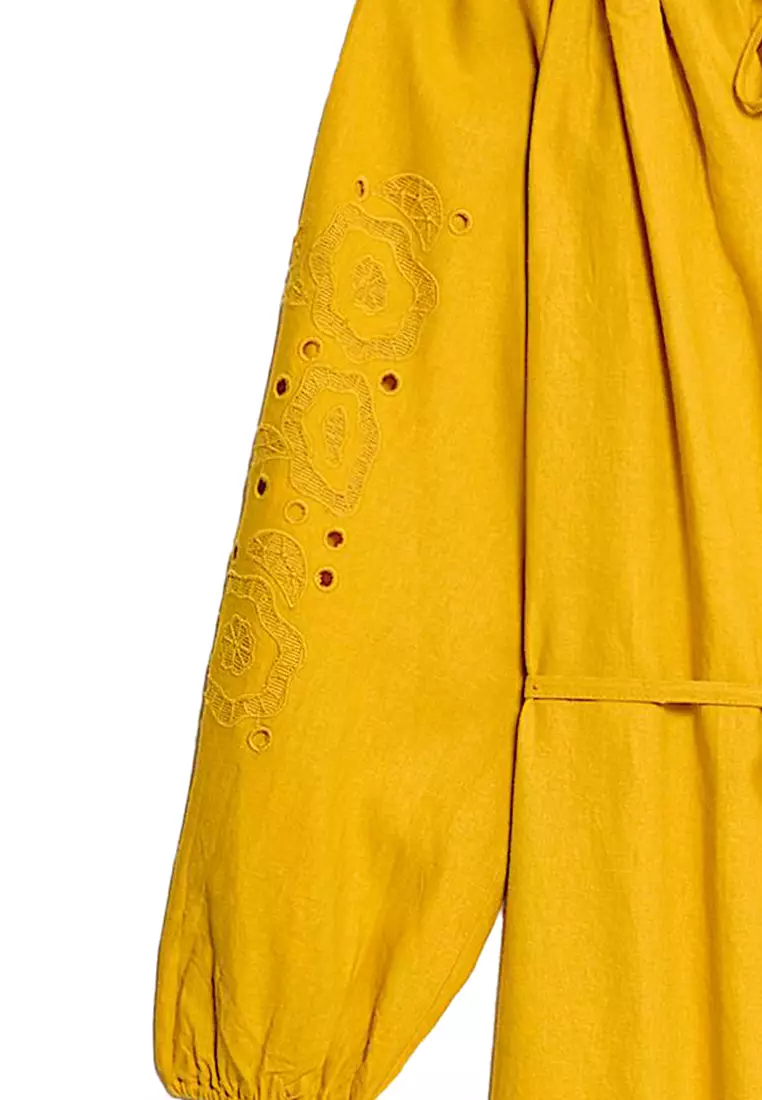 Linen Rich Broderie V-Neck Belted Midi Shift Dress