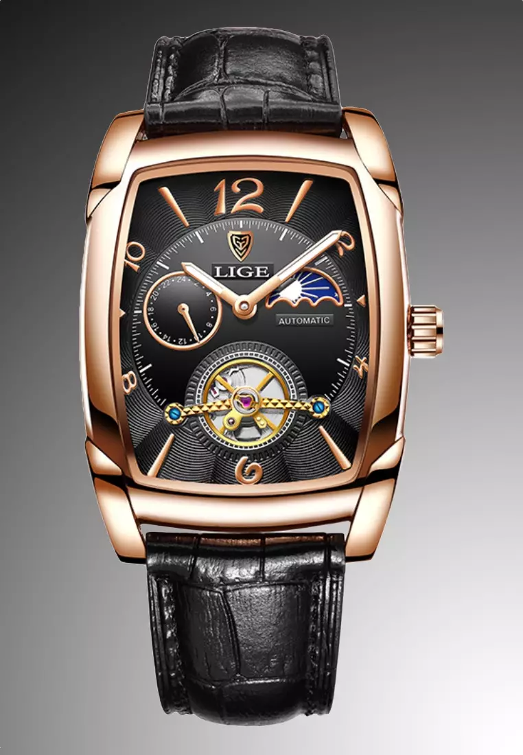 Automatic Unisex Rose Gold Finish Barrel-shape Watch 46x38mm, Black Leather Strap