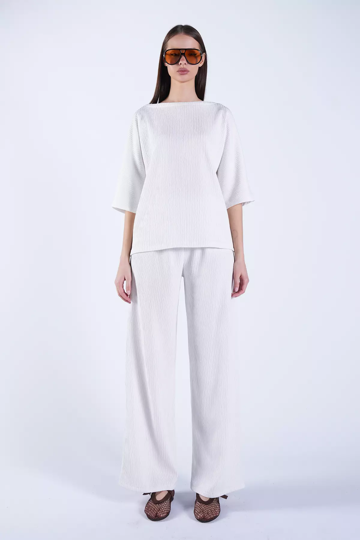 Ecru Boat Neck Bat Sleeve Casual Blouse And Palazzo Trousers Wrinkled Set Alc-X13470